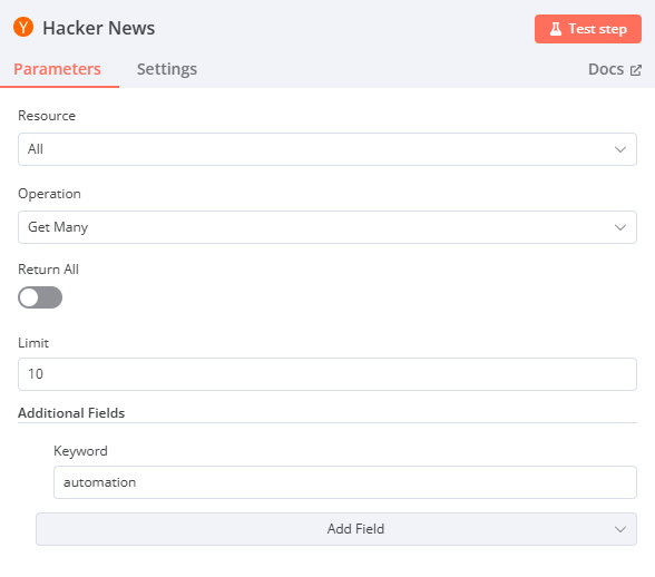 Hacker News 노드 매개변수
