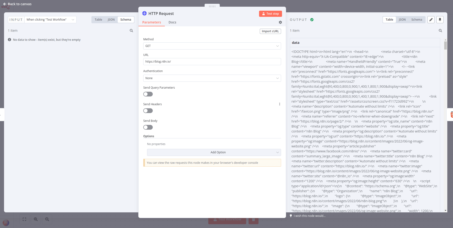 HTTP Request node 결과
