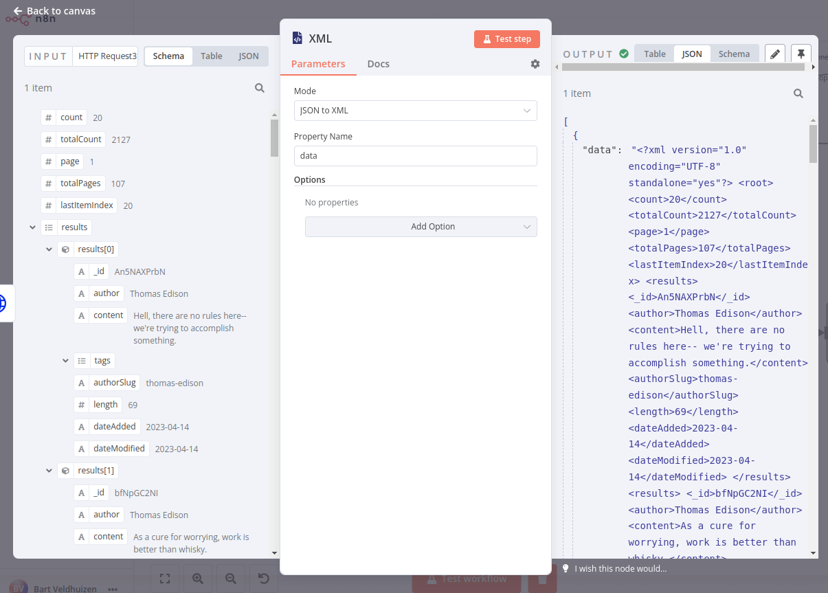 XML 노드(JSON to XML) 테이블 보기