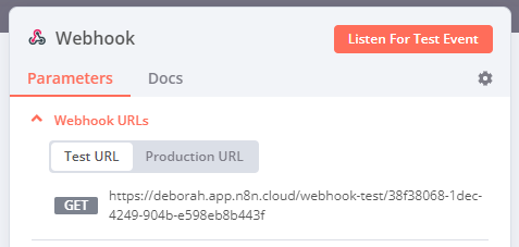 Webhook 노드의 매개변수 탭에 표시된 샘플 Webhook URL