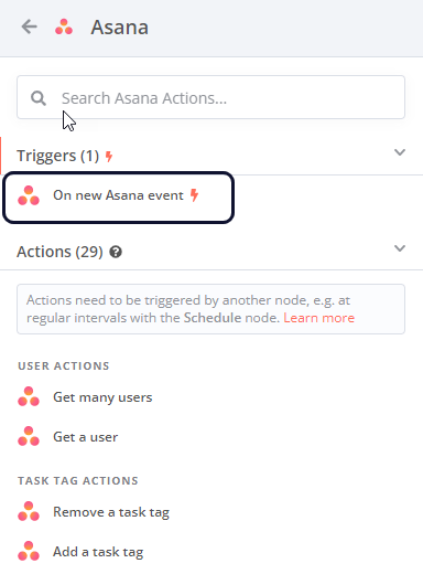 Asana 노드 작업 목록의 스크린샷, 목록 상단에 추천 섹션이 표시됨